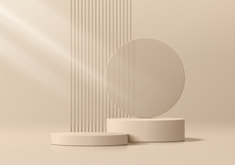 Wall Mural - realistic 3d beige cylindrical podium background with round glass, vertical stripes scene. minimalis