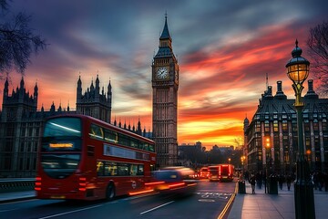 Wall Mural - The Westminster Palace and the Big Ben clocktower by the Thames river in London, United Kingdom, just after sunset