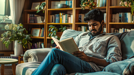 Wall Mural - Indian man in a casual shirt and jeans, reading a book in a cozy living room