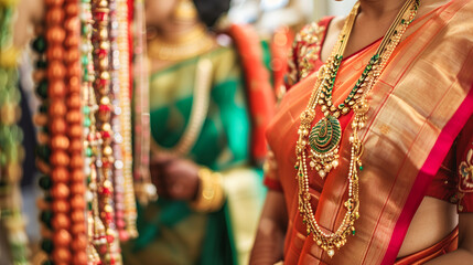 Poster - Indian mother and daughter in traditional sarees doing shopping