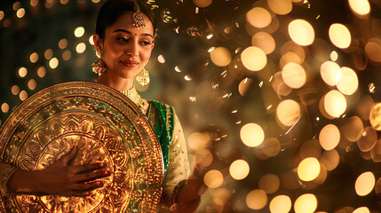 Poster - indian woman wearing golden and green suit, festival look, holding big golden round board