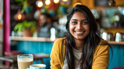 Poster - Indian woman with a bright smile, sitting in a cafe and sipping coffee, casual and relaxed atmosphere