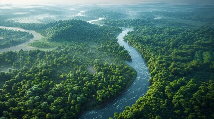 Wall Mural - stunning aerial view of lush green forests and meandering river at dawn. generative ai