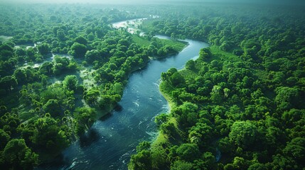 Wall Mural - aerial view of lush green forest along a serene river in morning light. generative ai