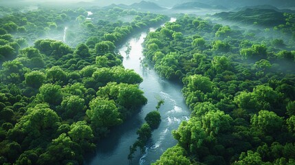 Wall Mural - lush green river winding through dense forest landscape at dawn. generative ai