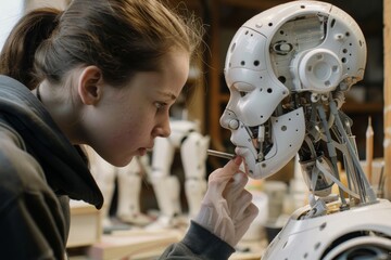 Poster - Woman working on robotic assembly line in factory., A human repairing a robot, AI generated