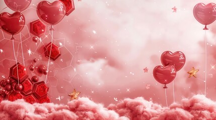 Wall Mural - Ruby hexagon pattern, ruby heart balloons, deep red pearls, stars, and cozy coral clouds