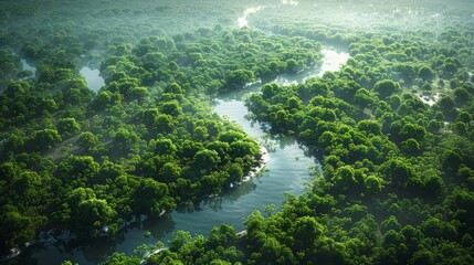 Wall Mural - lush green forest surrounding a meandering river at dawn in a tropical ecosystem. generative ai
