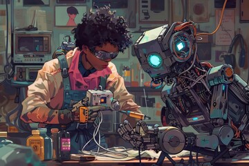 Poster - A human repairing a robot, Female worker constructing a robot in a manufacturing plant, AI generated