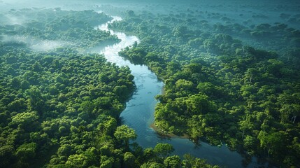 Wall Mural - lush green river winding through dense tropical forest at dawn in remote wilderness. generative ai