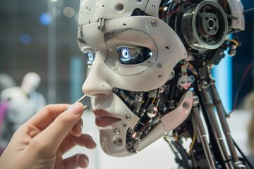 Poster - A human repairing a robot, A woman assembling a robot in a factory setting, AI generated