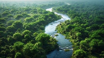 Wall Mural - lush green river winding through dense forest landscape at dawn. generative ai