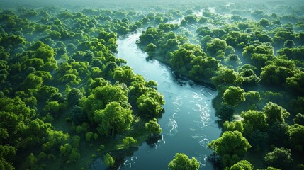 Wall Mural - lush green forest overlooking a tranquil river during early morning light. generative ai
