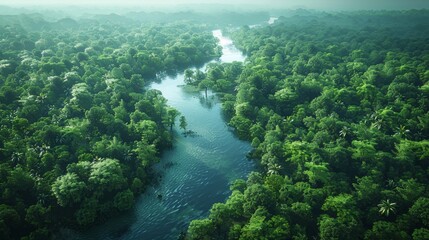 Wall Mural - lush green canopy overlooking serene river flowing through vibrant jungle landscape. generative ai