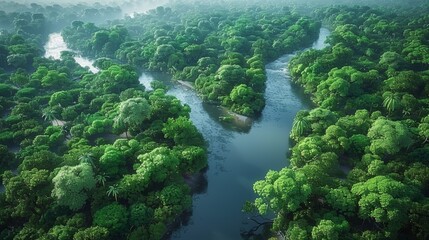 Wall Mural - lush green forest canopy overlooking meandering river near mountain range at dawn. generative ai
