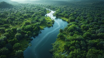 Wall Mural - lush green forest surrounding serene river flowing through valley during early morning light. genera