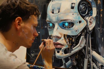 Aufkleber - A human painting a portrait of a robot, AI generated