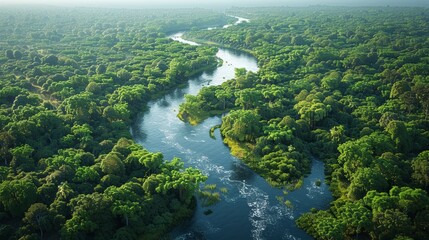 Wall Mural - lush green river winding through dense tropical forest under bright sunny sky. generative ai