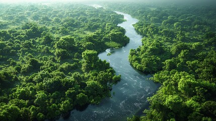 Wall Mural - lush green river winding through dense forest landscape on a misty morning. generative ai