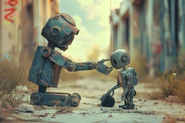 Poster - A human offering a helping hand to a robot, AI generated