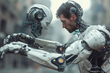 Poster - A human offering a helping hand to a robot, AI generated