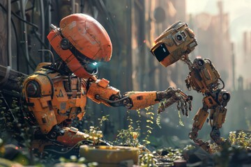Poster - Two robots playing in the grass, one red and one blue, under a clear blue sky, AI generated