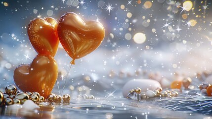 Wall Mural - Sparkling river surface background, amber heart balloons, gold pearls, stars, and light petrol fog