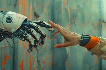 Poster - Two robots with outstretched hands, two robots offering a helping hand to a robot, AI generated
