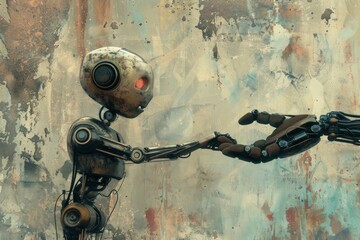Poster - Two robots with outstretched hands, two robots offering a helping hand to a robot, AI generated