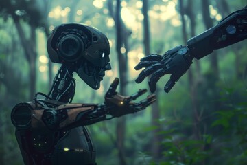 Poster - Two robots with outstretched hands, two robots offering a helping hand to a robot, AI generated