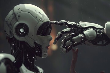 Poster - Two robots with outstretched hands, two robots offering a helping hand to a robot, AI generated