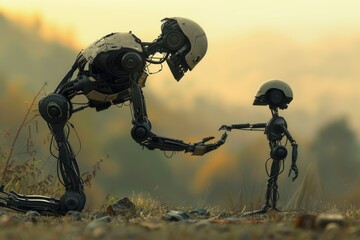 Poster - A human offering a helping hand to a robot, AI generated
