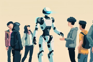 Poster - Group of individuals seated around a robot, intrigued by the advanced machinery before them, A human introducing a robot to their friends, AI generated