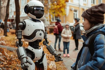 Poster - Group of individuals seated around a robot, intrigued by the advanced machinery before them, A human introducing a robot to their friends, AI generated