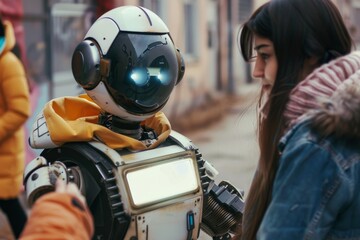 Poster - Several individuals gathered around a robot, observing and interacting with the mechanical being, A human introducing a robot to their friends, AI generated