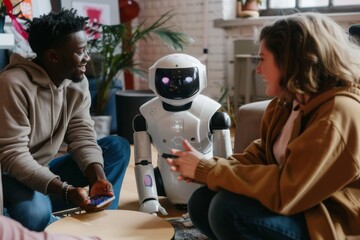 Poster - Several individuals gathered around a robot, observing and interacting with the mechanical being, A human introducing a robot to their friends, AI generated