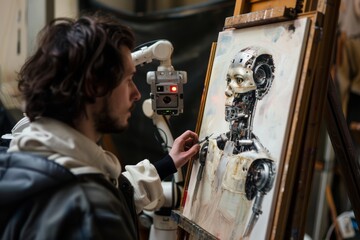 Poster - A human creating art with a robot, AI generated