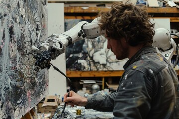 Poster - A painter working on a skull artwork, A human creating art with a robot, AI generated