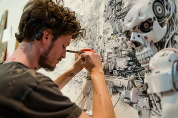 Poster - A painter working on a skull artwork, A human creating art with a robot, AI generated
