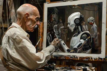 Poster - A man creating a skull painting, A human creating art with a robot, AI generated