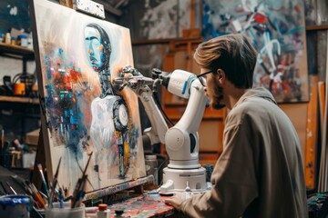 Poster - An artist painting a skull on canvas, A human creating art with a robot, AI generated