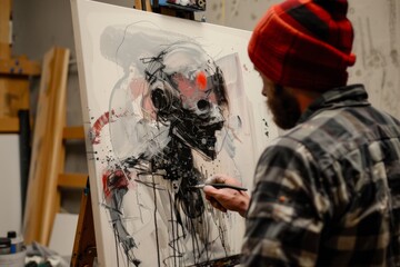 Poster - An artist painting a skull on canvas, A human creating art with a robot, AI generated