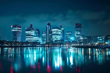 Wall Mural - Aerial drone night shot from iconic Canary Wharf illuminated skyscrapers business and financial area, Docklands, Isle of Dogs, London, United Kingdom