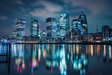 Wall Mural - Aerial drone night shot from iconic Canary Wharf illuminated skyscrapers business and financial area, Docklands, Isle of Dogs, London, United Kingdom