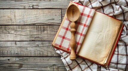 Sticker - Recipe book on wooden surface with wooden spoon and rolling pin on checkered cloth