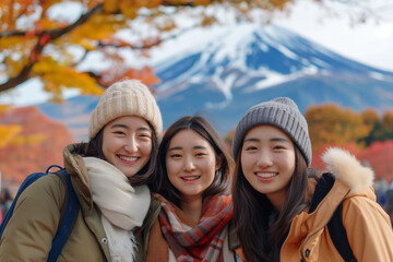 Group of Asian traveler woman friends enjoying beautiful view of Mount Fuji and fall foliage in Autumn season