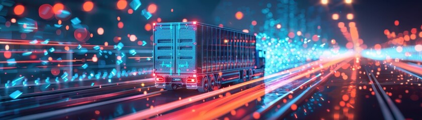 Dynamic night scene of a truck on a brightly lit highway, showcasing motion blur and vibrant city lights.