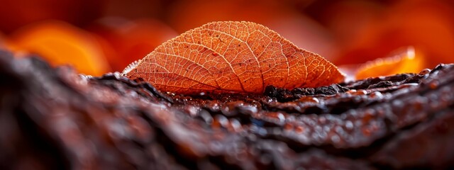 Canvas Print -  A tight shot of a wet leaf atop a wood plank, adorned with water droplets