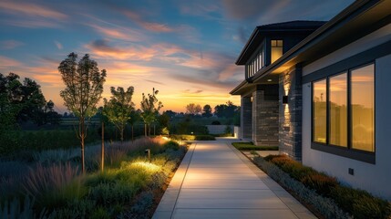 Side view of a modern suburban Craftsman style house at sunset, pathway lit by elegant landscape lighting under a twilight sky