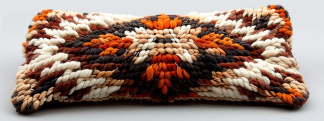 Wall Mural -  A detailed view of a pillow against a white background, showcasing its orange, brown, and white design